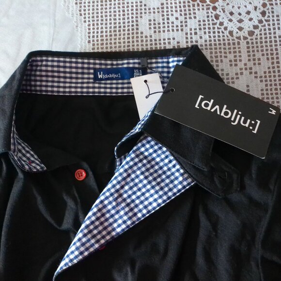 W[d^blju:], men's black button-up long sleeve shirt with blue/white plaid design - Picture 8 of 9